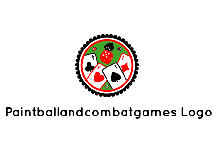 aces of cards, poker or casino chips and dice inside circular gambling logo