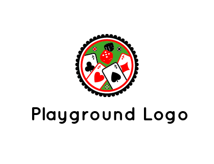 aces of cards, poker or casino chips and dice inside circular gambling logo