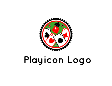 aces of cards, poker or casino chips and dice inside circular gambling logo