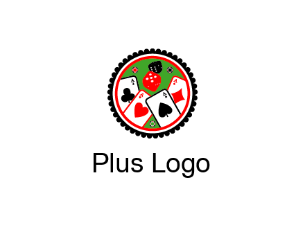 aces of cards, poker or casino chips and dice inside circular gambling logo