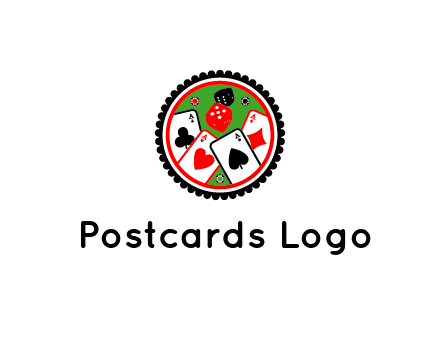 aces of cards, poker or casino chips and dice inside circular gambling logo