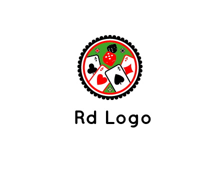 aces of cards, poker or casino chips and dice inside circular gambling logo