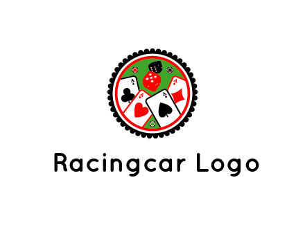 aces of cards, poker or casino chips and dice inside circular gambling logo