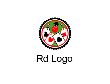 aces of cards, poker or casino chips and dice inside circular gambling logo