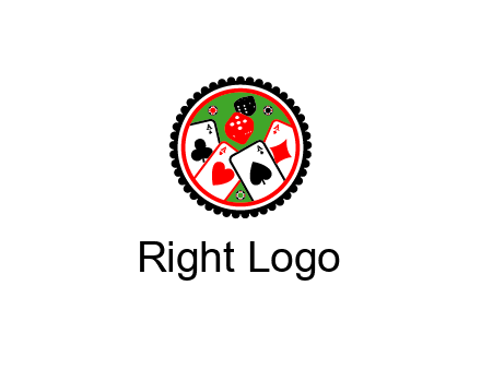 aces of cards, poker or casino chips and dice inside circular gambling logo