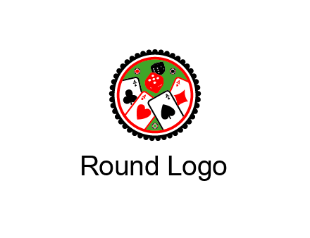 aces of cards, poker or casino chips and dice inside circular gambling logo
