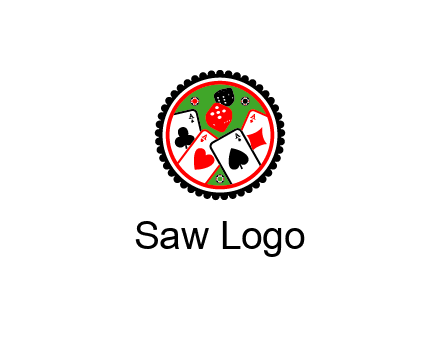aces of cards, poker or casino chips and dice inside circular gambling logo