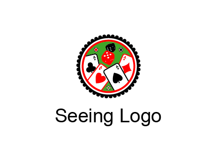aces of cards, poker or casino chips and dice inside circular gambling logo
