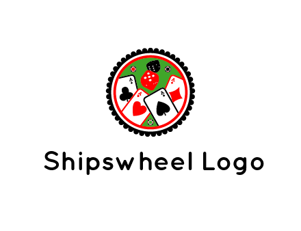 aces of cards, poker or casino chips and dice inside circular gambling logo