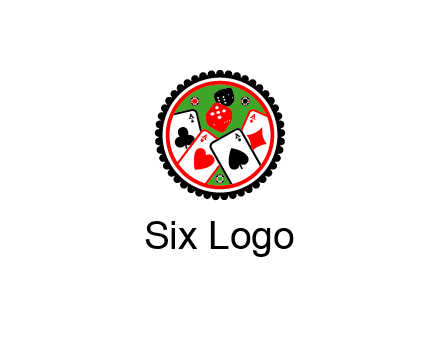 aces of cards, poker or casino chips and dice inside circular gambling logo