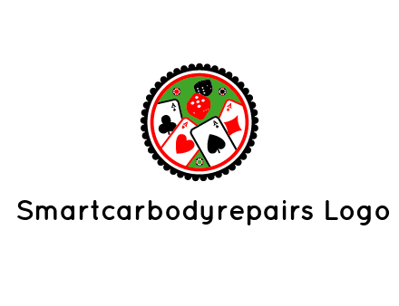 aces of cards, poker or casino chips and dice inside circular gambling logo