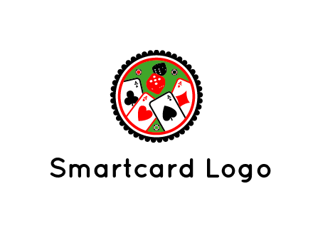 aces of cards, poker or casino chips and dice inside circular gambling logo