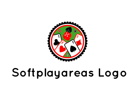 aces of cards, poker or casino chips and dice inside circular gambling logo