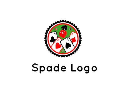 aces of cards, poker or casino chips and dice inside circular gambling logo