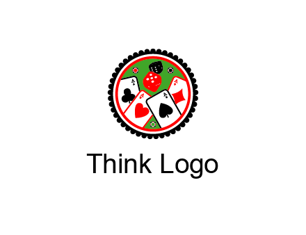 aces of cards, poker or casino chips and dice inside circular gambling logo