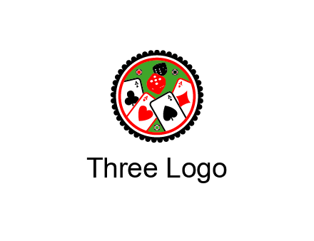 aces of cards, poker or casino chips and dice inside circular gambling logo