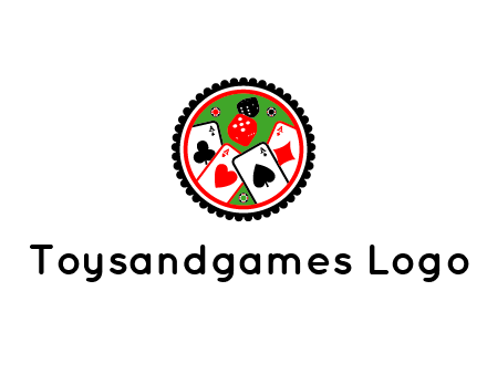 aces of cards, poker or casino chips and dice inside circular gambling logo