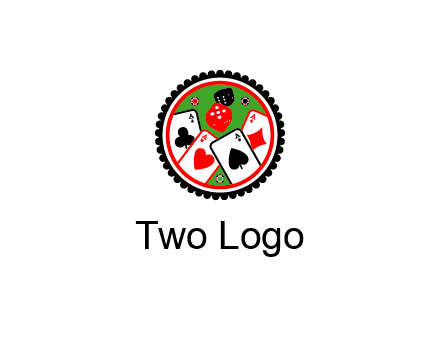 aces of cards, poker or casino chips and dice inside circular gambling logo