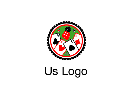aces of cards, poker or casino chips and dice inside circular gambling logo