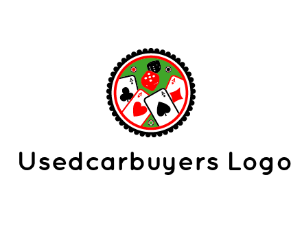 aces of cards, poker or casino chips and dice inside circular gambling logo