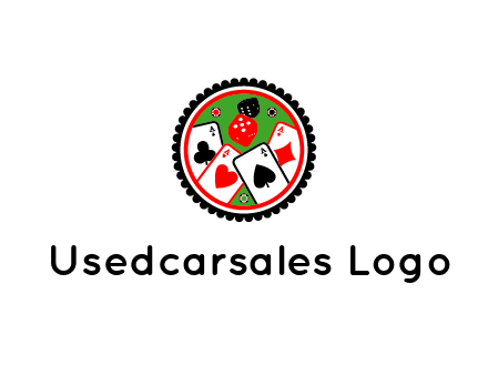 aces of cards, poker or casino chips and dice inside circular gambling logo