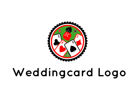 aces of cards, poker or casino chips and dice inside circular gambling logo