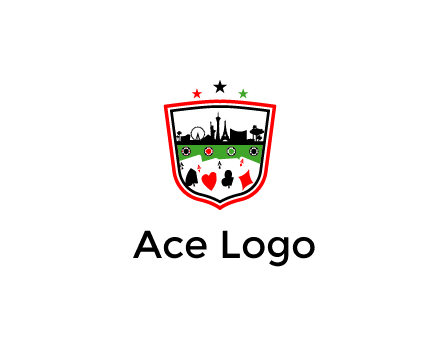 logo with aces in cards and outline of famous landmarks