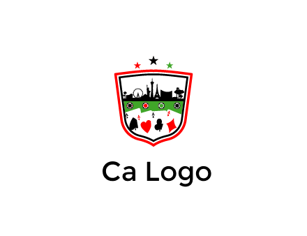 logo with aces in cards and outline of famous landmarks