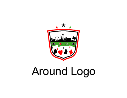 logo with aces in cards and outline of famous landmarks