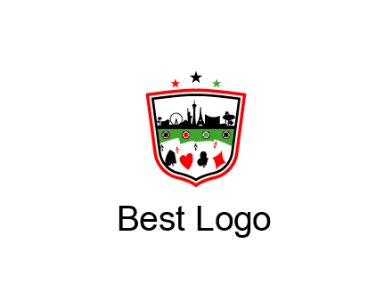 logo with aces in cards and outline of famous landmarks