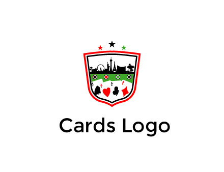 logo with aces in cards and outline of famous landmarks