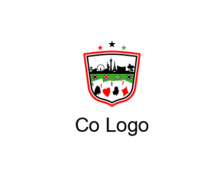 logo with aces in cards and outline of famous landmarks