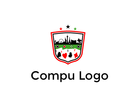 logo with aces in cards and outline of famous landmarks