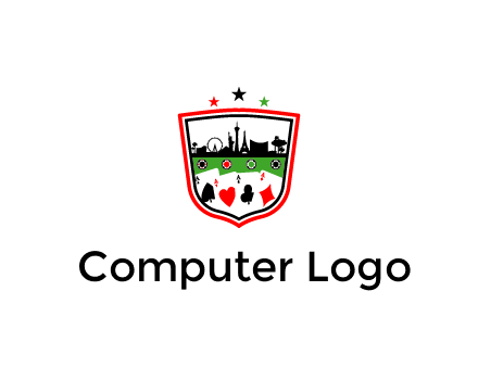 logo with aces in cards and outline of famous landmarks