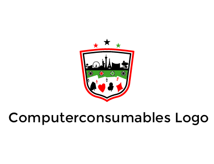 logo with aces in cards and outline of famous landmarks
