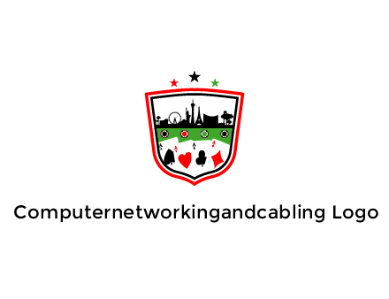 logo with aces in cards and outline of famous landmarks