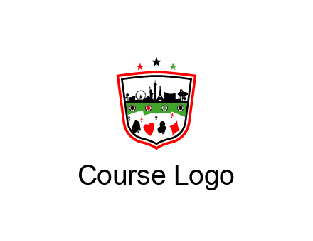 logo with aces in cards and outline of famous landmarks