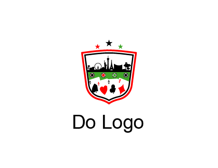 logo with aces in cards and outline of famous landmarks