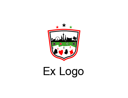 logo with aces in cards and outline of famous landmarks