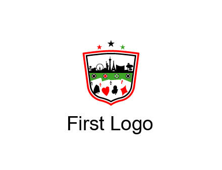 logo with aces in cards and outline of famous landmarks