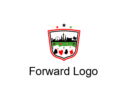 logo with aces in cards and outline of famous landmarks