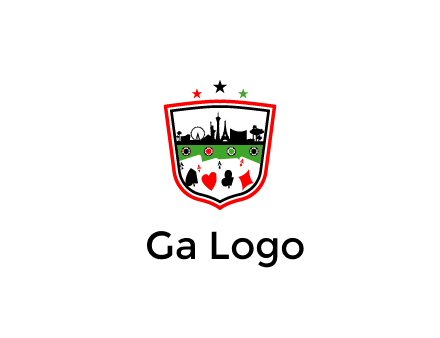 logo with aces in cards and outline of famous landmarks