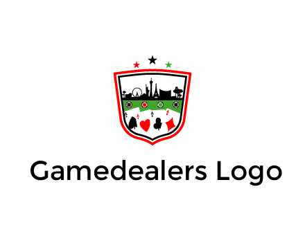 logo with aces in cards and outline of famous landmarks