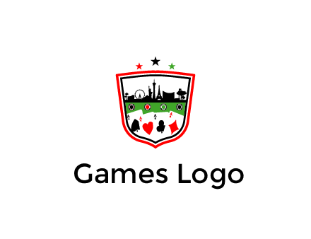 logo with aces in cards and outline of famous landmarks