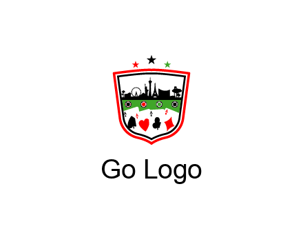 logo with aces in cards and outline of famous landmarks