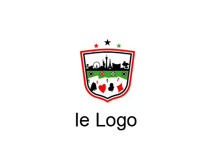 logo with aces in cards and outline of famous landmarks