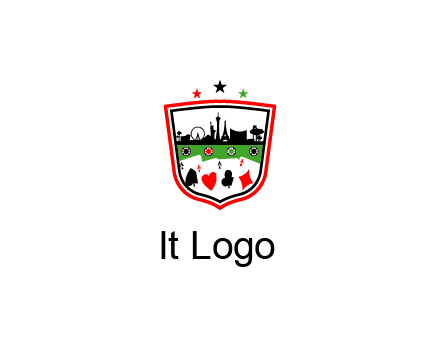 logo with aces in cards and outline of famous landmarks