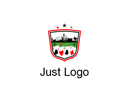 logo with aces in cards and outline of famous landmarks