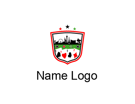 logo with aces in cards and outline of famous landmarks