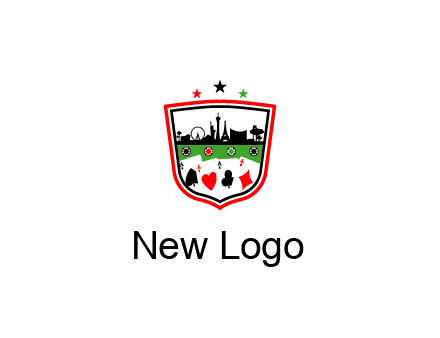 logo with aces in cards and outline of famous landmarks